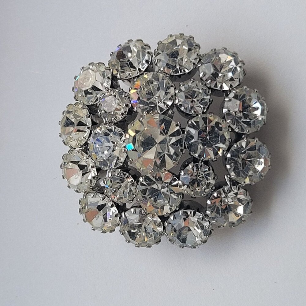 Vintage Clear Rhinestone Domed Brooch 70s Prong Silver Reflective